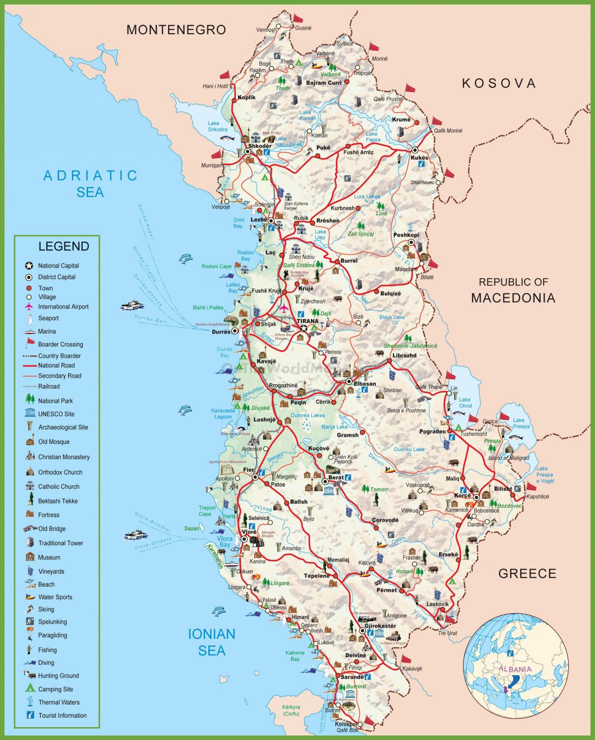zemljevid Albanije turističnih